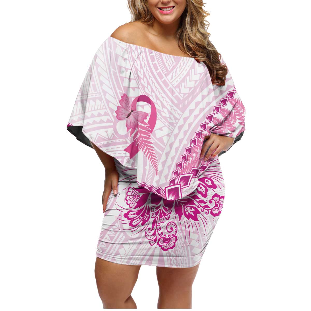 Personalised New Zealand Pink Fern Breast Cancer Family Matching Off Shoulder Short Dress and Hawaiian Shirt Polynesian Pattern LT01 Mom's Dress Pink - Polynesian Pride