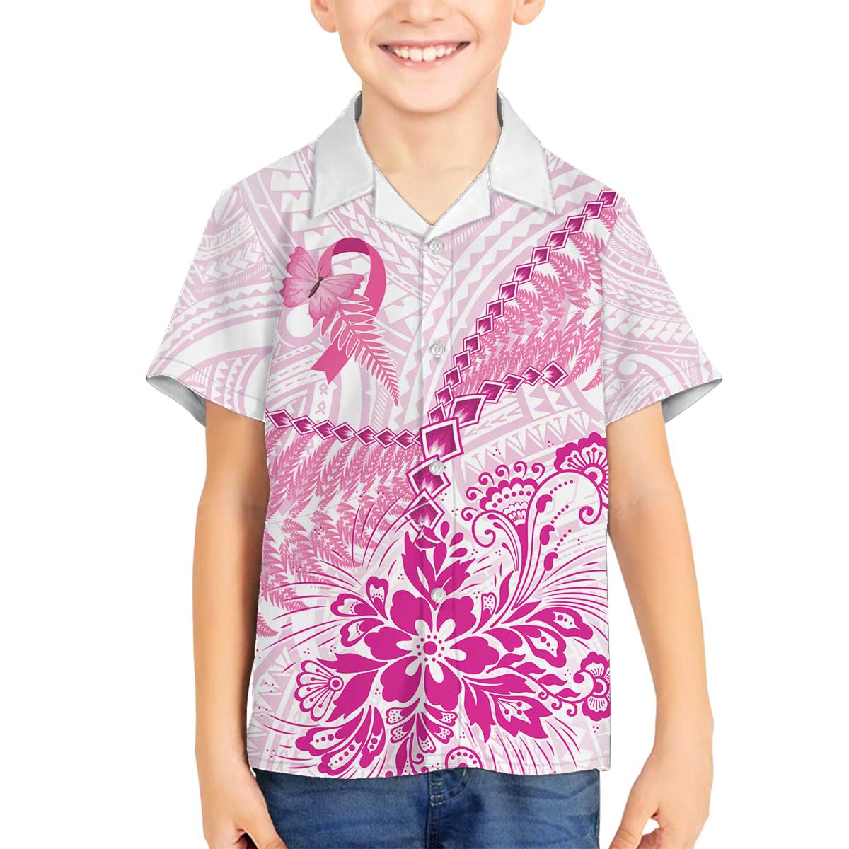 Personalised New Zealand Pink Fern Breast Cancer Family Matching Off Shoulder Short Dress and Hawaiian Shirt Polynesian Pattern LT01 Son's Shirt Pink - Polynesian Pride
