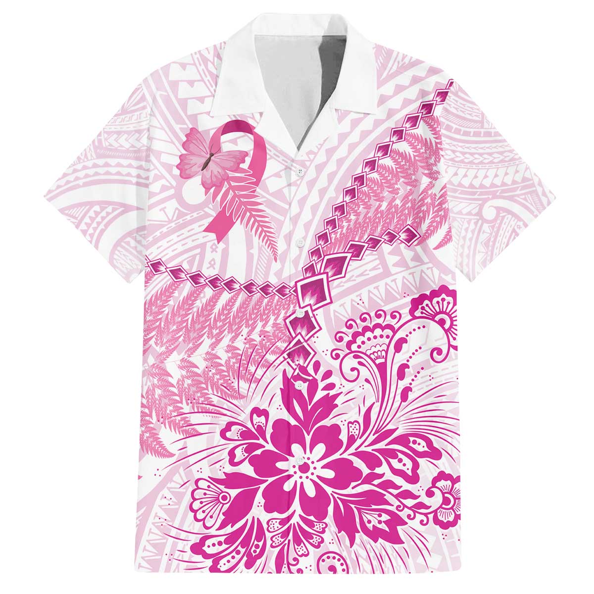 Personalised New Zealand Pink Fern Breast Cancer Family Matching Puletasi and Hawaiian Shirt Polynesian Pattern LT01 Dad's Shirt - Short Sleeve Pink - Polynesian Pride