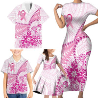 Personalised New Zealand Pink Fern Breast Cancer Family Matching Short Sleeve Bodycon Dress and Hawaiian Shirt Polynesian Pattern LT01 - Polynesian Pride