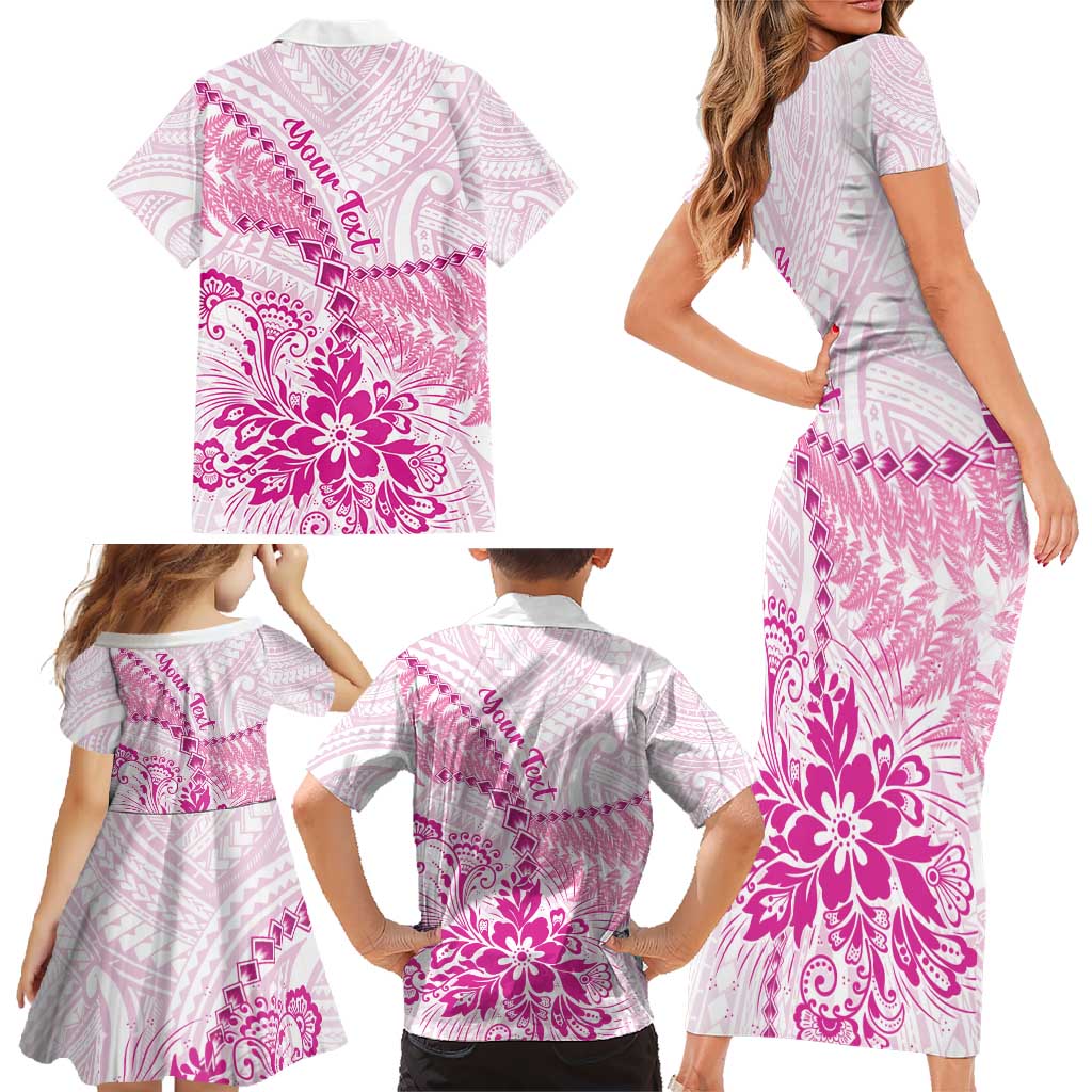 Personalised New Zealand Pink Fern Breast Cancer Family Matching Short Sleeve Bodycon Dress and Hawaiian Shirt Polynesian Pattern LT01 - Polynesian Pride