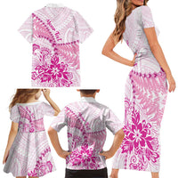 Personalised New Zealand Pink Fern Breast Cancer Family Matching Short Sleeve Bodycon Dress and Hawaiian Shirt Polynesian Pattern LT01 - Polynesian Pride