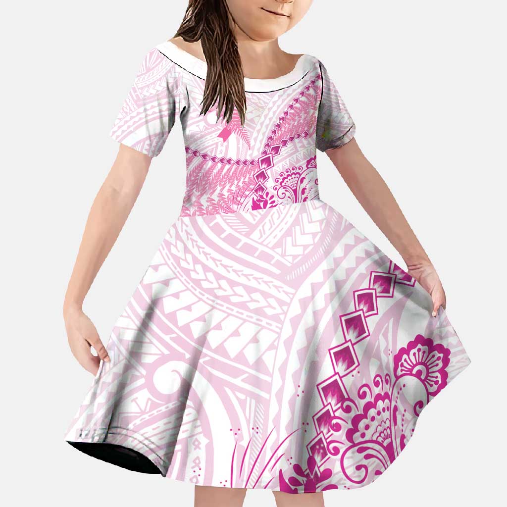 Personalised New Zealand Pink Fern Breast Cancer Family Matching Summer Maxi Dress and Hawaiian Shirt Polynesian Pattern LT01 Daughter's Dress Pink - Polynesian Pride