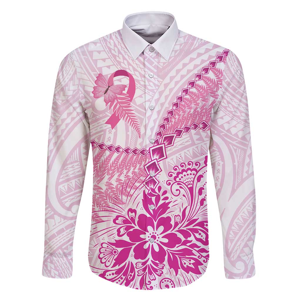 Personalised New Zealand Pink Fern Breast Cancer Family Matching Summer Maxi Dress and Hawaiian Shirt Polynesian Pattern LT01 Dad's Shirt - Long Sleeve Pink - Polynesian Pride