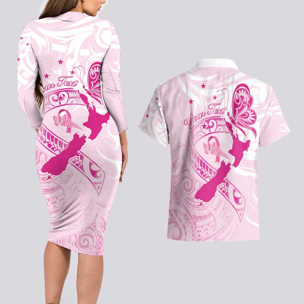 Personalised Aotearoa Breast Cancer Couples Matching Long Sleeve Bodycon Dress and Hawaiian Shirt New Zealand Maori Pattern LT01 - Polynesian Pride