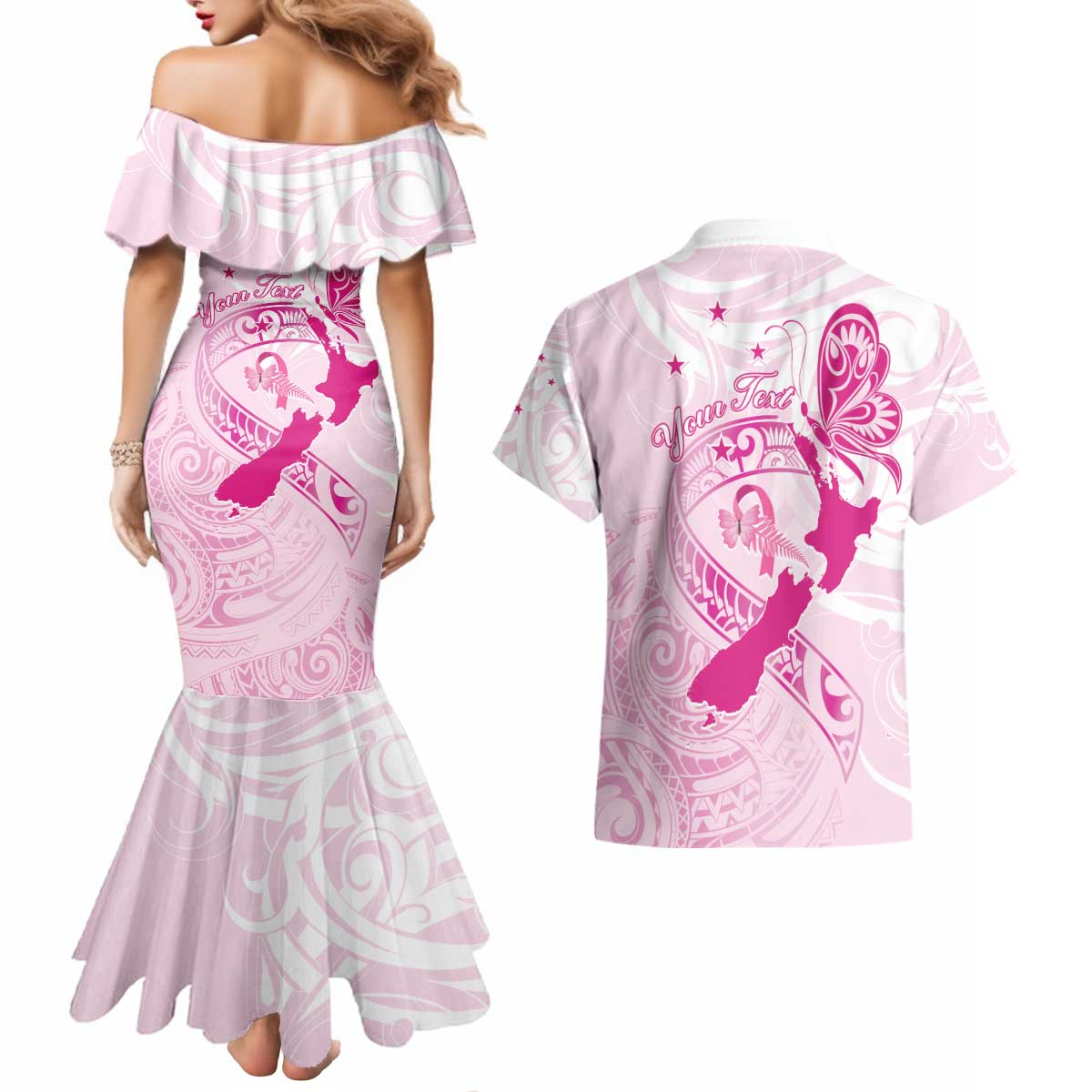 Personalised Aotearoa Breast Cancer Couples Matching Mermaid Dress and Hawaiian Shirt New Zealand Maori Pattern LT01 - Polynesian Pride