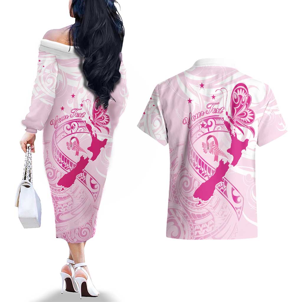 Personalised Aotearoa Breast Cancer Couples Matching Off The Shoulder Long Sleeve Dress and Hawaiian Shirt New Zealand Maori Pattern LT01 - Polynesian Pride