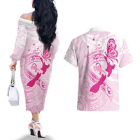 Personalised Aotearoa Breast Cancer Couples Matching Off The Shoulder Long Sleeve Dress and Hawaiian Shirt New Zealand Maori Pattern LT01 - Polynesian Pride