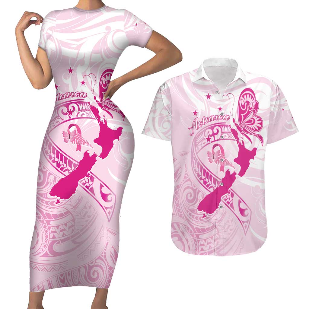 Personalised Aotearoa Breast Cancer Couples Matching Short Sleeve Bodycon Dress and Hawaiian Shirt New Zealand Maori Pattern LT01 Pink - Polynesian Pride