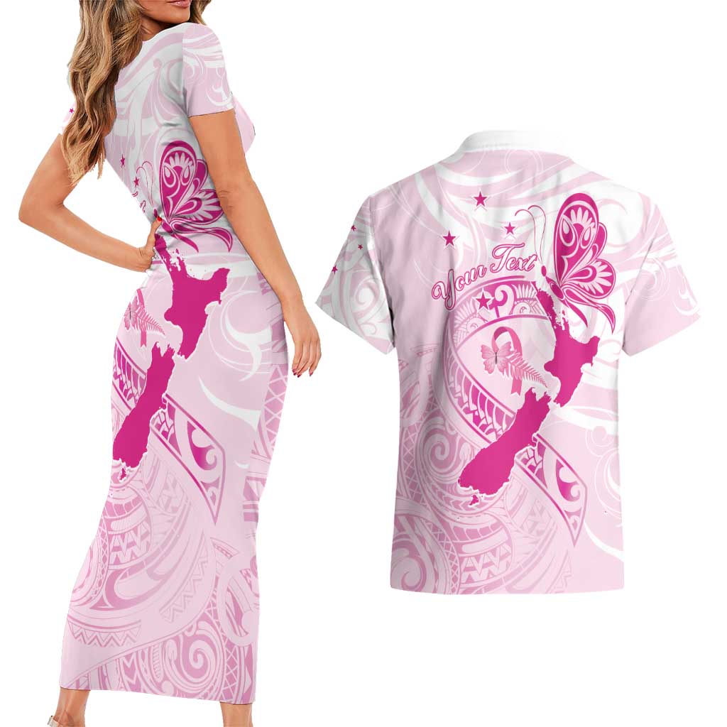 Personalised Aotearoa Breast Cancer Couples Matching Short Sleeve Bodycon Dress and Hawaiian Shirt New Zealand Maori Pattern LT01 - Polynesian Pride