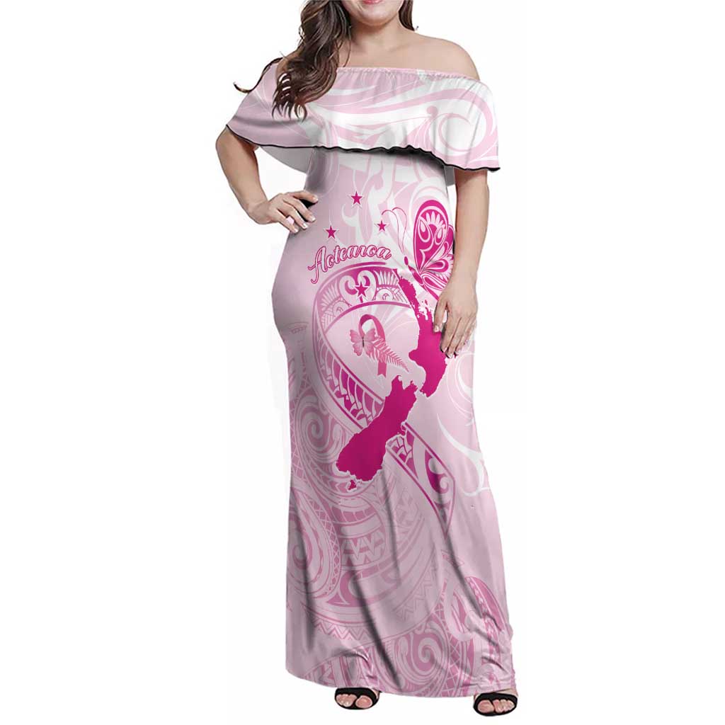 Personalised Aotearoa Breast Cancer Family Matching Off Shoulder Maxi Dress and Hawaiian Shirt New Zealand Maori Pattern LT01 Mom's Dress Pink - Polynesian Pride