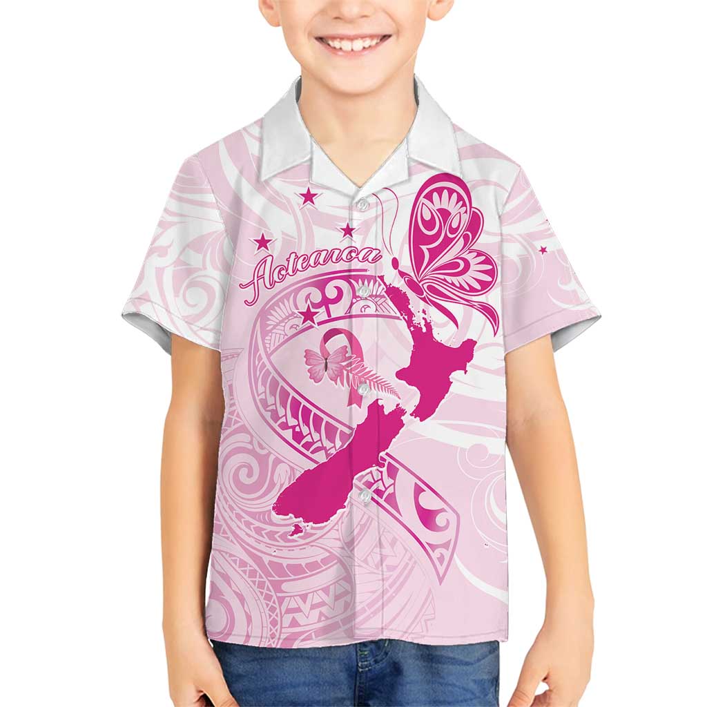 Personalised Aotearoa Breast Cancer Family Matching Off Shoulder Maxi Dress and Hawaiian Shirt New Zealand Maori Pattern LT01 Son's Shirt Pink - Polynesian Pride