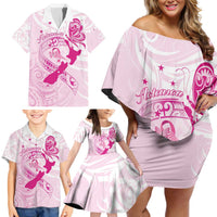 Personalised Aotearoa Breast Cancer Family Matching Off Shoulder Short Dress and Hawaiian Shirt New Zealand Maori Pattern LT01 - Polynesian Pride