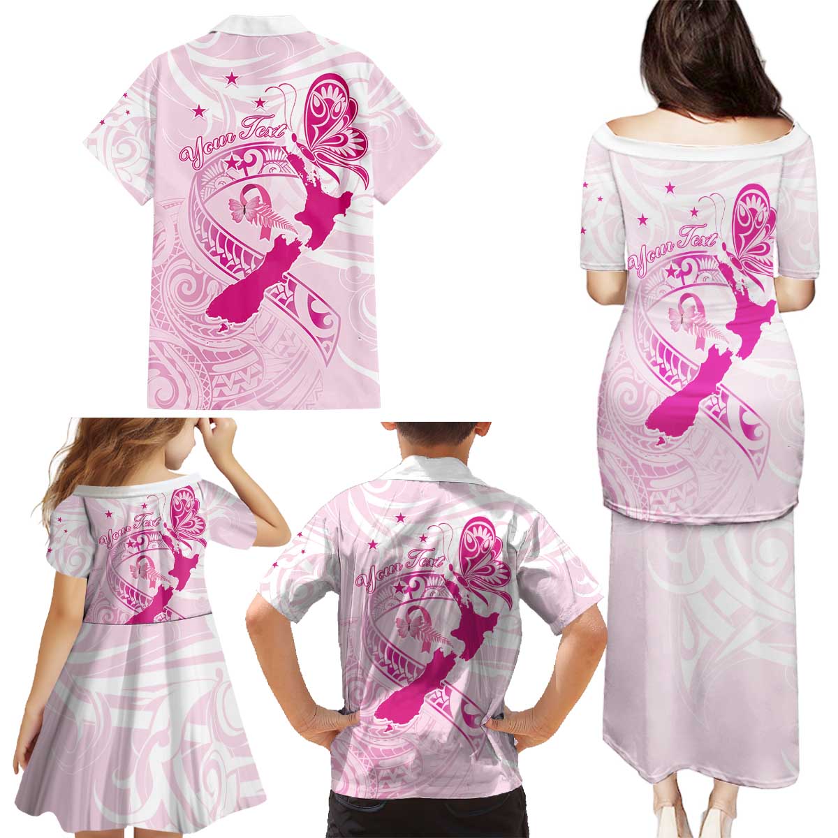 Personalised Aotearoa Breast Cancer Family Matching Puletasi and Hawaiian Shirt New Zealand Maori Pattern LT01 - Polynesian Pride