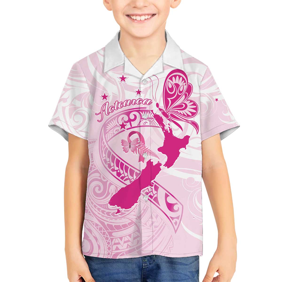 Personalised Aotearoa Breast Cancer Family Matching Puletasi and Hawaiian Shirt New Zealand Maori Pattern LT01 Son's Shirt Pink - Polynesian Pride
