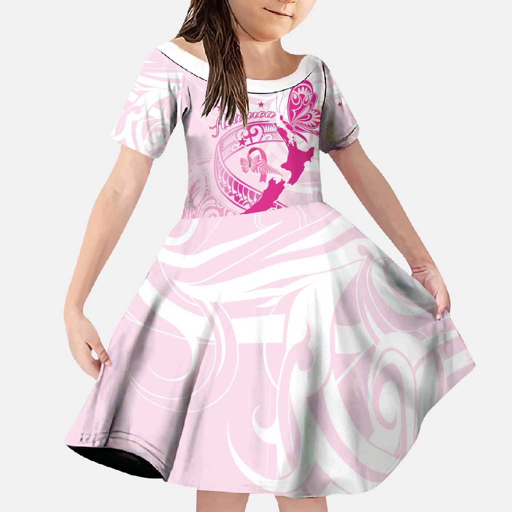 Personalised Aotearoa Breast Cancer Family Matching Short Sleeve Bodycon Dress and Hawaiian Shirt New Zealand Maori Pattern LT01 Daughter's Dress Pink - Polynesian Pride