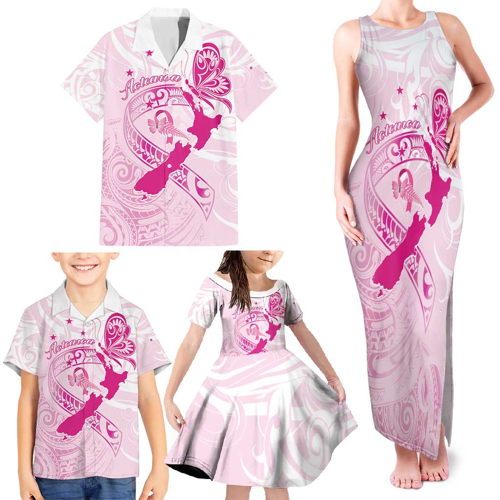 Personalised Aotearoa Breast Cancer Family Matching Tank Maxi Dress and Hawaiian Shirt New Zealand Maori Pattern LT01 - Polynesian Pride
