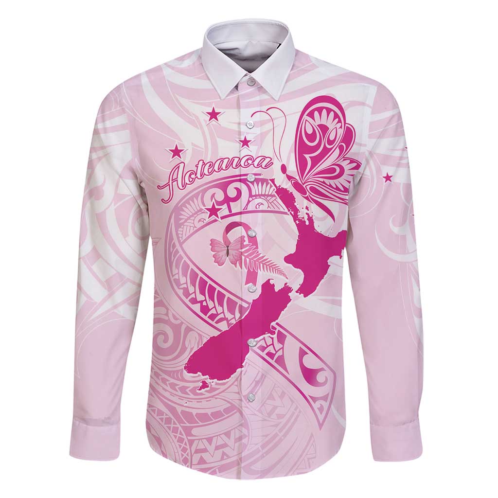 Personalised Aotearoa Breast Cancer Family Matching Tank Maxi Dress and Hawaiian Shirt New Zealand Maori Pattern LT01 Dad's Shirt - Long Sleeve Pink - Polynesian Pride