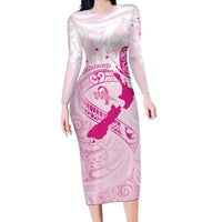 Personalised Aotearoa Breast Cancer Long Sleeve Bodycon Dress New Zealand Maori Pattern LT01 Long Dress Pink - Polynesian Pride