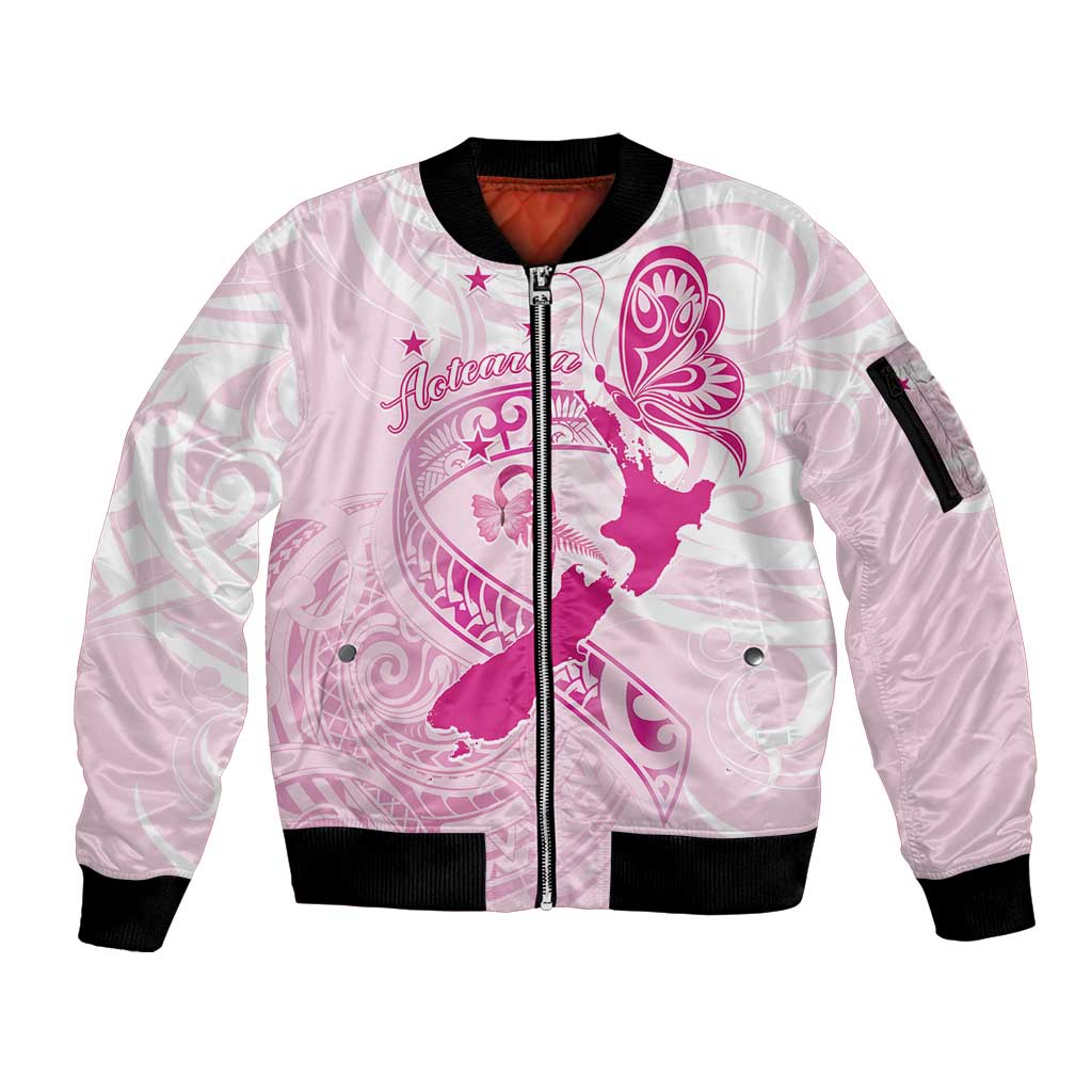 Personalised Aotearoa Breast Cancer Sleeve Zip Bomber Jacket New Zealand Maori Pattern LT01 Unisex Pink - Polynesian Pride