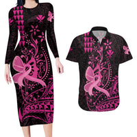 Hawaii Breast Cancer Couples Matching Long Sleeve Bodycon Dress and Hawaiian Shirt Girl Floral Kakau Pattern LT01 Pink - Polynesian Pride