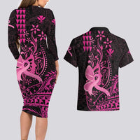 Hawaii Breast Cancer Couples Matching Long Sleeve Bodycon Dress and Hawaiian Shirt Girl Floral Kakau Pattern LT01 - Polynesian Pride