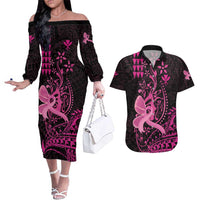 Hawaii Breast Cancer Couples Matching Off The Shoulder Long Sleeve Dress and Hawaiian Shirt Girl Floral Kakau Pattern LT01 Pink - Polynesian Pride