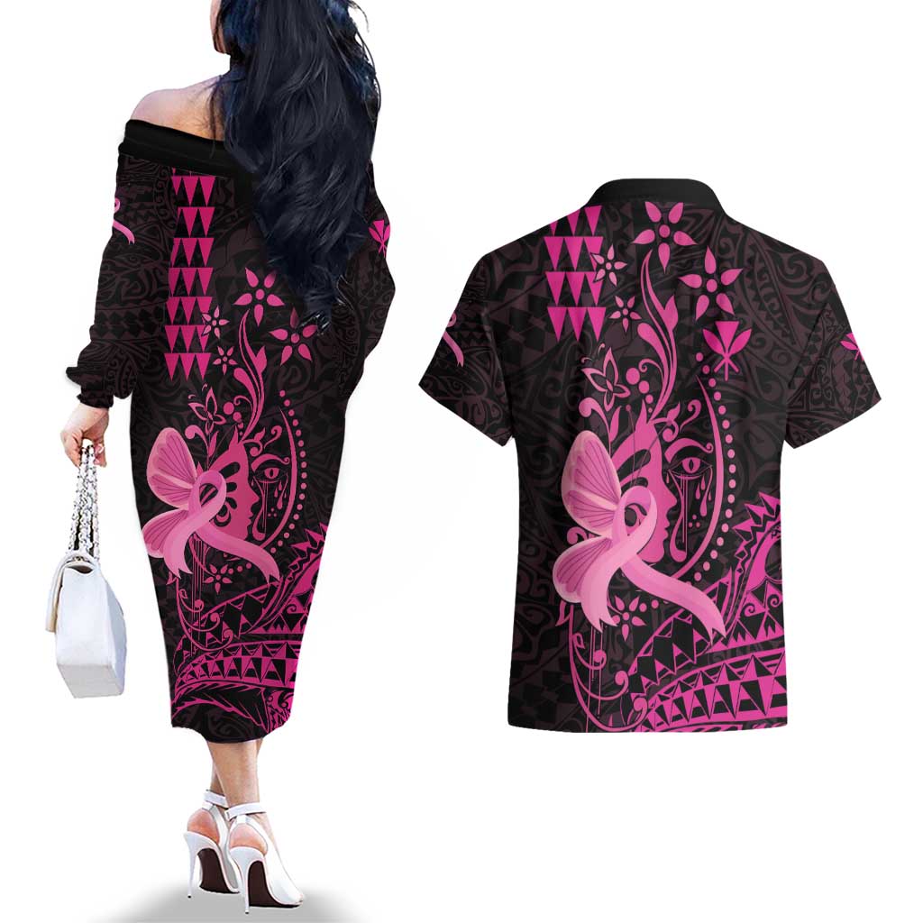 Hawaii Breast Cancer Couples Matching Off The Shoulder Long Sleeve Dress and Hawaiian Shirt Girl Floral Kakau Pattern LT01 - Polynesian Pride