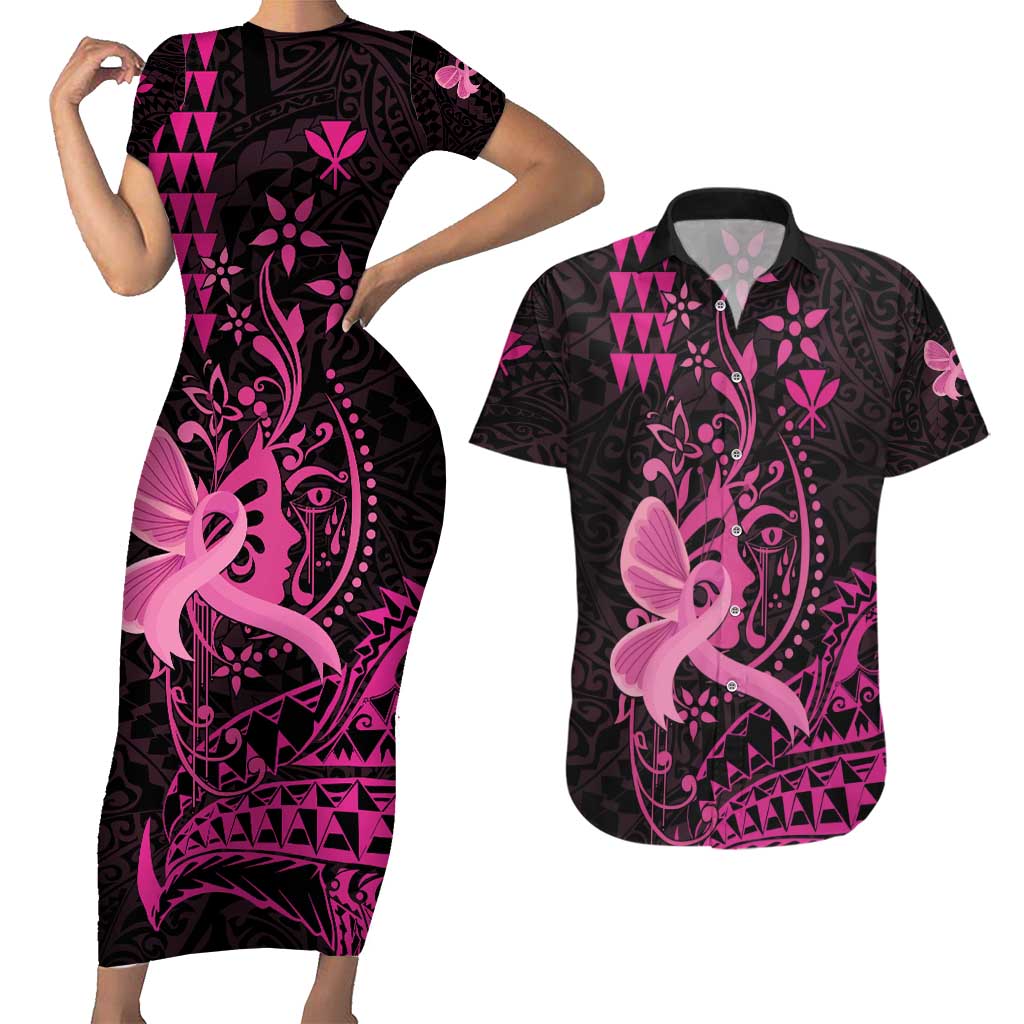 Hawaii Breast Cancer Couples Matching Short Sleeve Bodycon Dress and Hawaiian Shirt Girl Floral Kakau Pattern LT01 Pink - Polynesian Pride