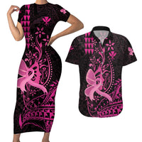 Hawaii Breast Cancer Couples Matching Short Sleeve Bodycon Dress and Hawaiian Shirt Girl Floral Kakau Pattern LT01 Pink - Polynesian Pride