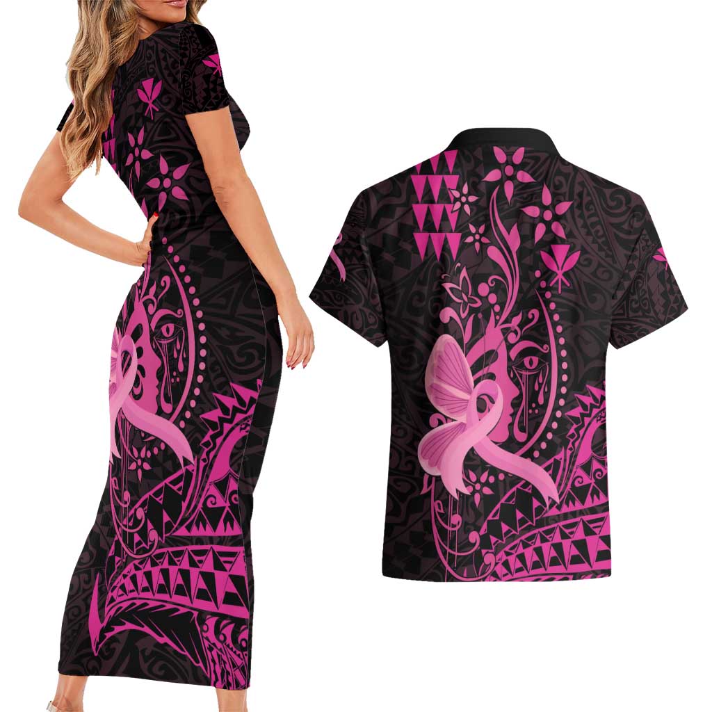 Hawaii Breast Cancer Couples Matching Short Sleeve Bodycon Dress and Hawaiian Shirt Girl Floral Kakau Pattern LT01 - Polynesian Pride