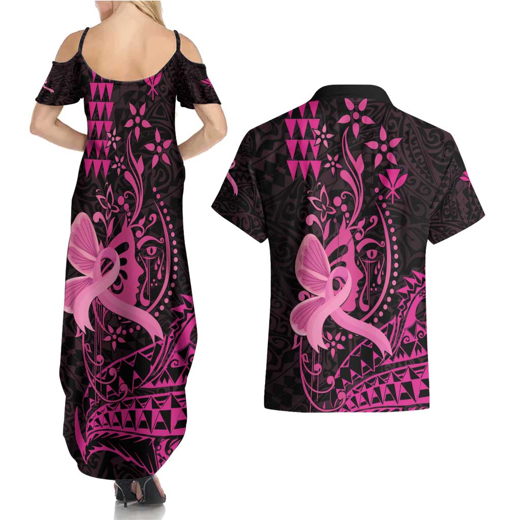 Hawaii Breast Cancer Couples Matching Summer Maxi Dress and Hawaiian Shirt Girl Floral Kakau Pattern