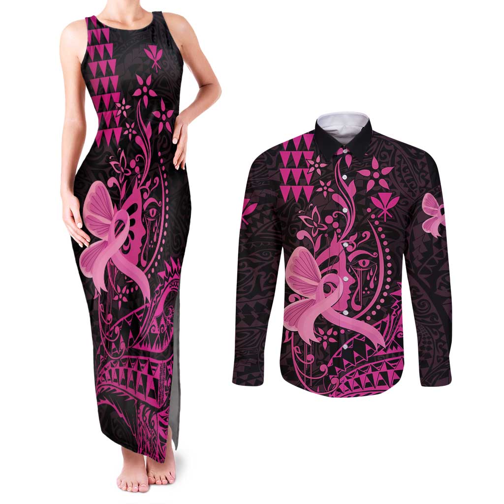 Hawaii Breast Cancer Couples Matching Tank Maxi Dress and Long Sleeve Button Shirt Girl Floral Kakau Pattern LT01 Pink - Polynesian Pride