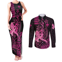 Hawaii Breast Cancer Couples Matching Tank Maxi Dress and Long Sleeve Button Shirt Girl Floral Kakau Pattern LT01 Pink - Polynesian Pride