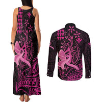 Hawaii Breast Cancer Couples Matching Tank Maxi Dress and Long Sleeve Button Shirt Girl Floral Kakau Pattern LT01 - Polynesian Pride