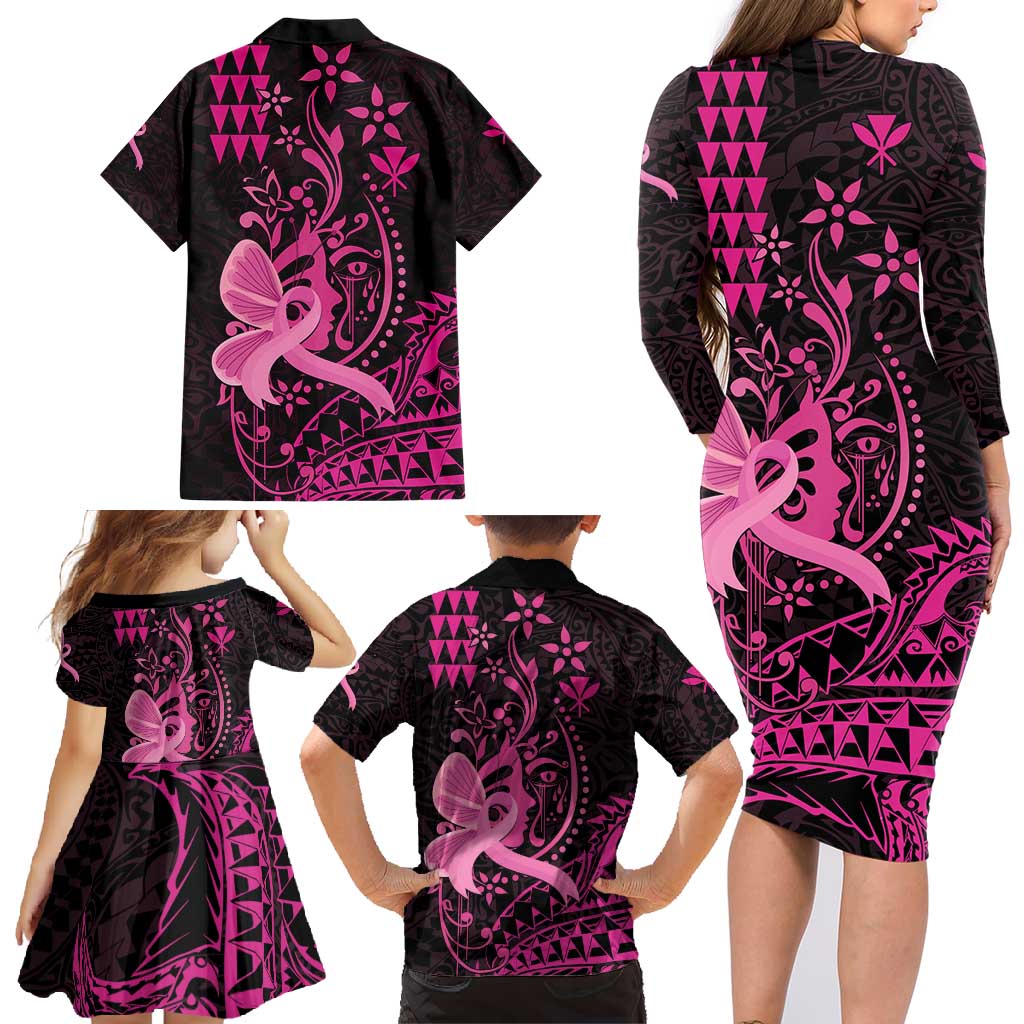 Hawaii Breast Cancer Family Matching Long Sleeve Bodycon Dress and Hawaiian Shirt Girl Floral Kakau Pattern LT01 - Polynesian Pride