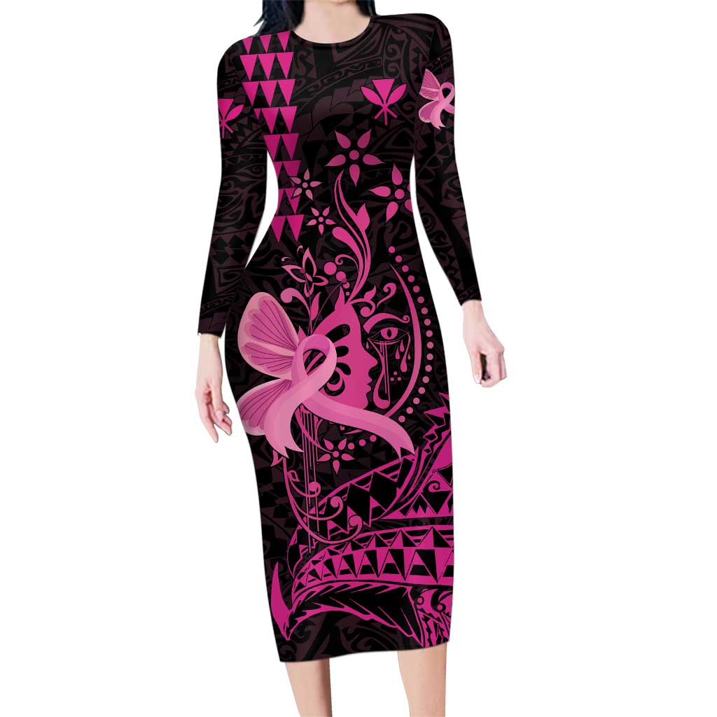 Hawaii Breast Cancer Family Matching Long Sleeve Bodycon Dress and Hawaiian Shirt Girl Floral Kakau Pattern LT01 Mom's Dress Pink - Polynesian Pride