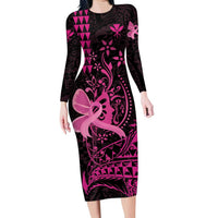 Hawaii Breast Cancer Family Matching Long Sleeve Bodycon Dress and Hawaiian Shirt Girl Floral Kakau Pattern LT01 Mom's Dress Pink - Polynesian Pride