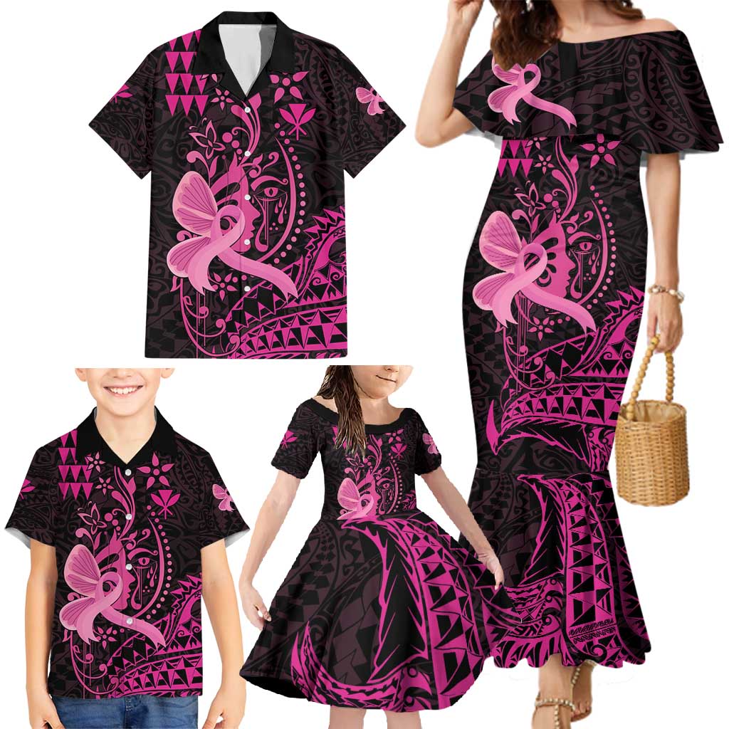 Hawaii Breast Cancer Family Matching Mermaid Dress and Hawaiian Shirt Girl Floral Kakau Pattern LT01 - Polynesian Pride