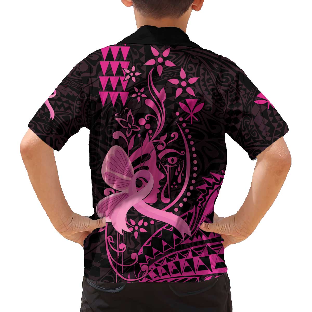 Hawaii Breast Cancer Family Matching Off The Shoulder Long Sleeve Dress and Hawaiian Shirt Girl Floral Kakau Pattern LT01 - Polynesian Pride