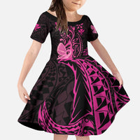 Hawaii Breast Cancer Family Matching Off The Shoulder Long Sleeve Dress and Hawaiian Shirt Girl Floral Kakau Pattern LT01 Daughter's Dress Pink - Polynesian Pride
