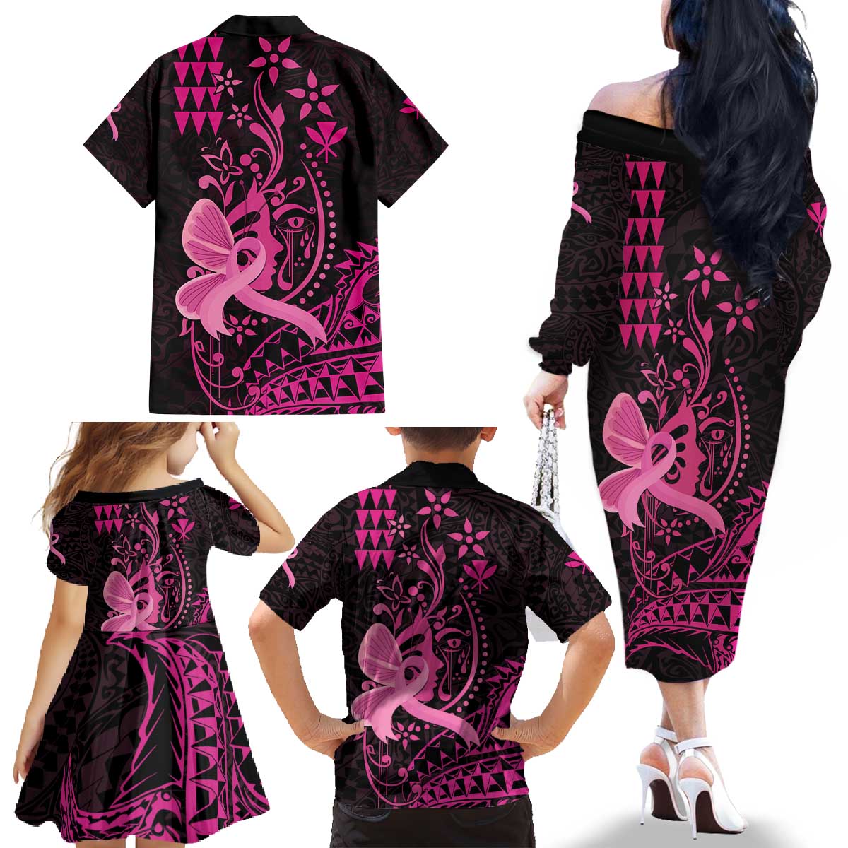 Hawaii Breast Cancer Family Matching Off The Shoulder Long Sleeve Dress and Hawaiian Shirt Girl Floral Kakau Pattern LT01 - Polynesian Pride