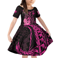 Hawaii Breast Cancer Family Matching Off Shoulder Short Dress and Hawaiian Shirt Girl Floral Kakau Pattern LT01 Daughter's Dress Pink - Polynesian Pride