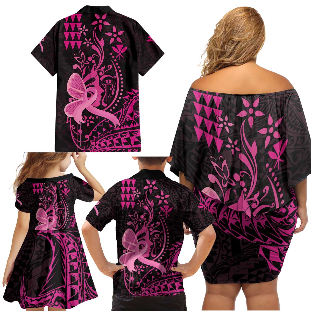 Hawaii Breast Cancer Family Matching Off Shoulder Short Dress and Hawaiian Shirt Girl Floral Kakau Pattern LT01 - Polynesian Pride