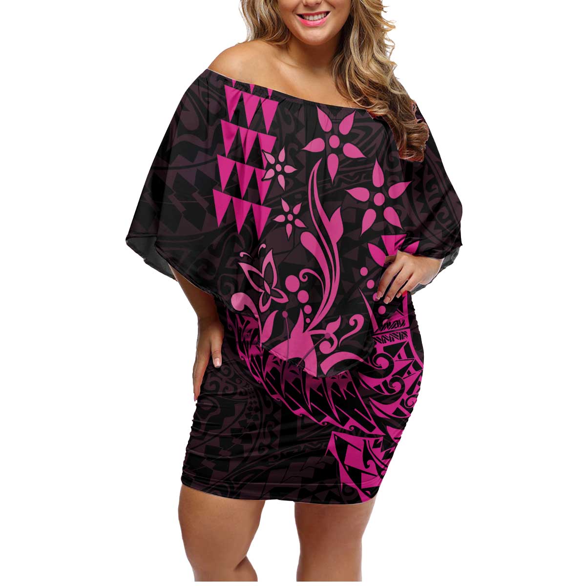 Hawaii Breast Cancer Family Matching Off Shoulder Short Dress and Hawaiian Shirt Girl Floral Kakau Pattern LT01 Mom's Dress Pink - Polynesian Pride