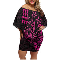 Hawaii Breast Cancer Family Matching Off Shoulder Short Dress and Hawaiian Shirt Girl Floral Kakau Pattern LT01 Mom's Dress Pink - Polynesian Pride
