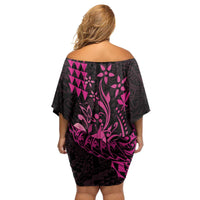 Hawaii Breast Cancer Family Matching Off Shoulder Short Dress and Hawaiian Shirt Girl Floral Kakau Pattern LT01 - Polynesian Pride