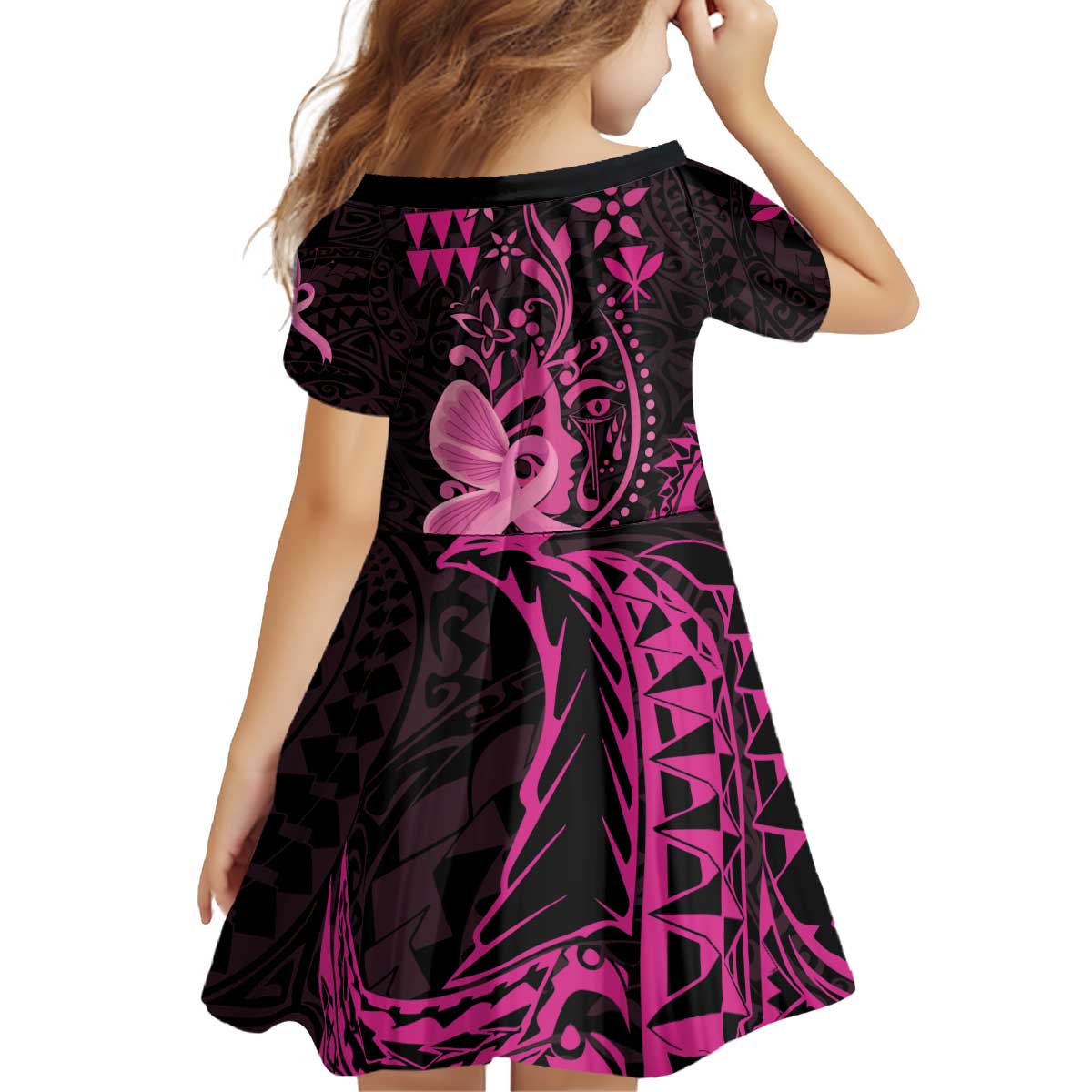 Hawaii Breast Cancer Family Matching Puletasi and Hawaiian Shirt Girl Floral Kakau Pattern LT01 - Polynesian Pride