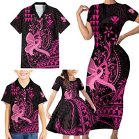 Hawaii Breast Cancer Family Matching Short Sleeve Bodycon Dress and Hawaiian Shirt Girl Floral Kakau Pattern LT01 - Polynesian Pride