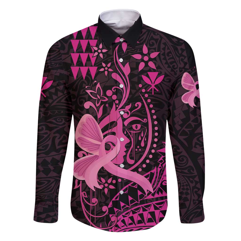 Hawaii Breast Cancer Family Matching Short Sleeve Bodycon Dress and Hawaiian Shirt Girl Floral Kakau Pattern LT01 Dad's Shirt - Long Sleeve Pink - Polynesian Pride
